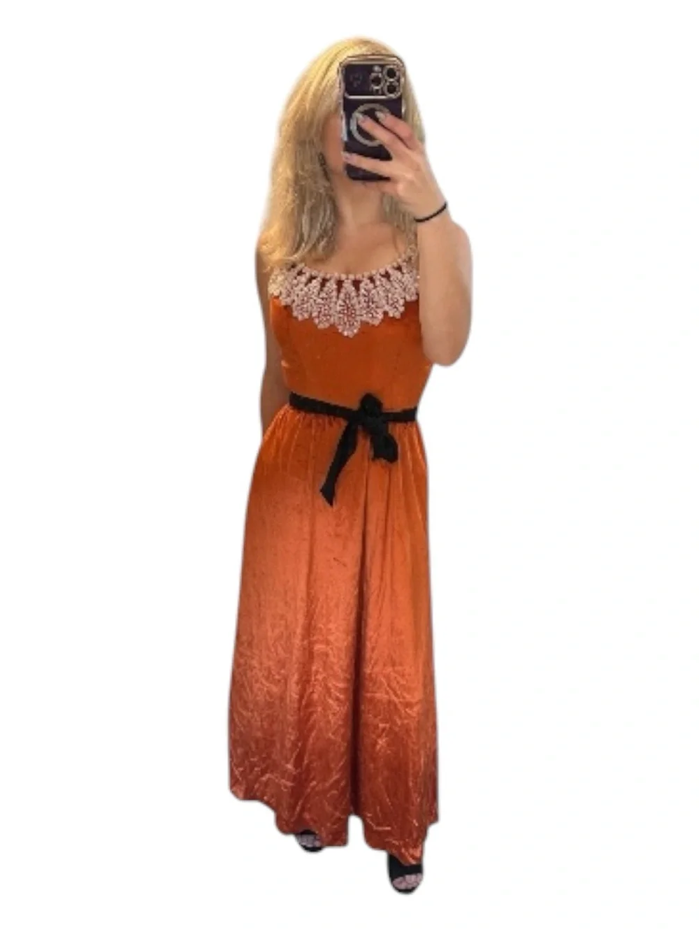 True Vintage Handmade Rust Orange Velvet Maxi Dress with Beaded Lace Trim S/M